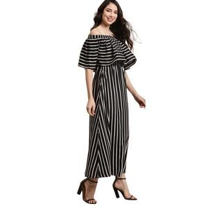 EUC Womens Grey White Striped Off The Shoulder Ruffle Maxi Dress